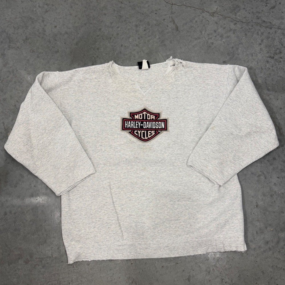 Harley-Davidson Vintage Distressed Logo Sweatshirt Heather Grey Large DIY Cut